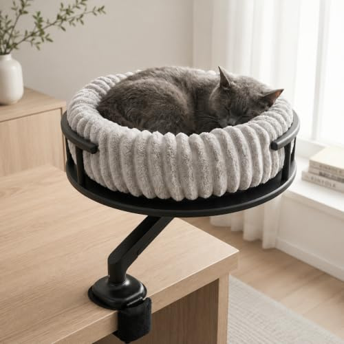 noviclass® Katzenbett LEVI | Katzenbett Schreibtisch | Katzenplattform | Für Tische und Fenstersims | Inkl. 2 Betten | Cord-Design Grau | Robust und modern (Schwarz)