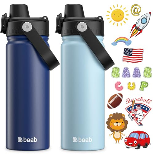baab 18oz Kids Water Bottle, Insulated Kids Water Bottle with Lockable Spout Lid & Stickers, 18/8 Stainless Steel Vacuum Leakproof Kid Water Cup with Handle for School (Navy Blue+Light Blue, 2 Pack)