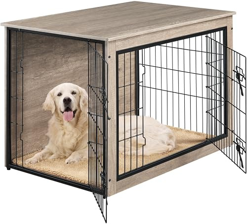 Yaheetech Cage pour Chien Cage pour Chiots, 96×65×67cm, avec 2 Portes Grillagées à Double Serrure/Niche Industriel/Tapis Pelucheux Antidérapant, Intérieur, en Bois, Gris