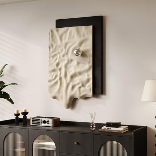 Large 3D Textured Vertical Abstract Wall Art Decor, Modern Black Cream Carved Sandstone Texture Artwork for Walls, Minimalist Sculptural Wall Decor for Living Room, Hallway, Dining Room, Office