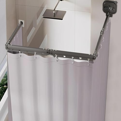 WJUAN Asta per Tenda da Doccia con Ventosa e Tenda da Doccia, Senza Foratura, Regolabile in 5 Direzioni, Ideale per Docce Angolari – 172 cm + 25 cm, Include Tenda da Doccia 1,8 x 2,0 m (Grigio Chiaro)