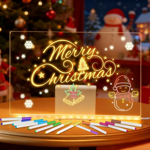 LED Drawing Board with 12 Colors Pen, 30x20cm Magic Note Board for Kids Writing Message, Acrylic Message Marker Board with Stand for Kids School Home Cafe Office Advertising Board