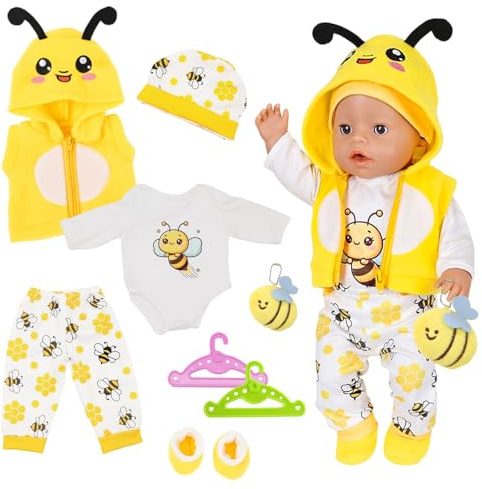 8 Stück Puppenkleidung 36-43cm Newborn Baby Puppen, Süße Bienen Outfits mit Overall Hose Weste Hut Kleiderbügel Biene für 14-17 Zoll, Bienen Puppenkleidung 43cm Puppen Zubehör Mädchen Geburtstag