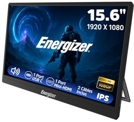 Energizer Écran Portable 15,6 FHD 1080p IPS - Moniteur Externe Ultra Fin et Léger pour PC, Mac et Smartphone, USB-C et Mini HDMI, Haut-parleurs Intégrés - Noir