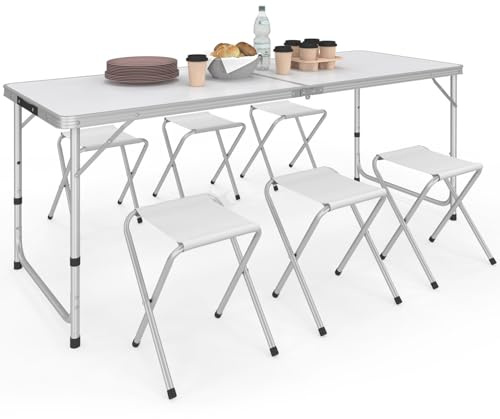 IDMarket – Mesa de camping plegable ajustable en altura 160 cm y 6 taburetes blancos