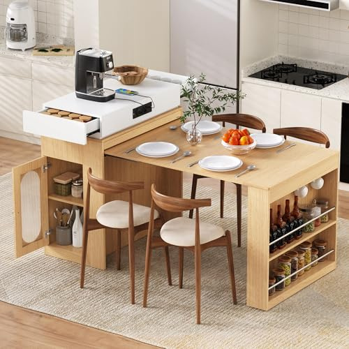 Bladez Isla de cocina moderna con mesa extensible y enchufes, isla de cocina con espacio de almacenamiento, armario de cristal y ganchos, mesa de bar multifuncional o aparador para cocina y comedor