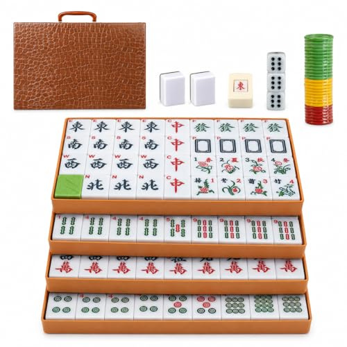 Set di Mahjong grande, Mahjong tradizionale cinese, 144 Piastrelle di Mahjong, Gioco da tavolo tradizionale cinese, 30mm con dadi, fiches, scatola portaoggetti in pelle, numeri arabi per viaggio (gr)