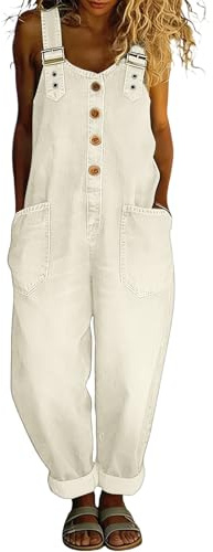 FUPODD Jumpsuit Damen Jeans Locker Latzhose Damen Sommer Lang Overall Elegant Denim Romper Mit Tasche Knöpfe Jeanslatzhose Frauen Schicke Playsuit Vintage Latzhosen Casual Einteiler Jean Overalls