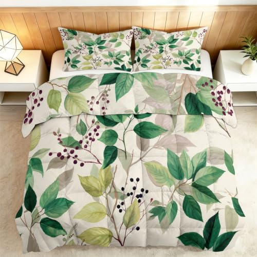 Srigzcaly Trapunta 240 x 260 cm, con foglie verdi per letto matrimoniale, Edredon Botanico reversibile 4 stagioni, coperta traspirante e morbida, per unisex, senza copripiumino