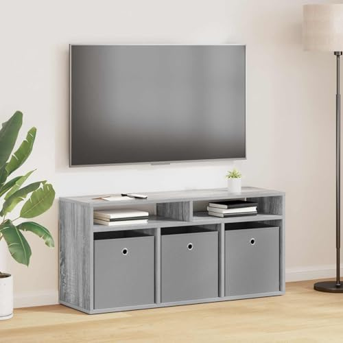 Boltkex Lowboard med 3 lådor grå Sonoma-trämaterial 102 x 32 x 48,5 cm, TV-bänk mediemöbler för vardagsrum, hemmabio, ordning och kabelgenomföring
