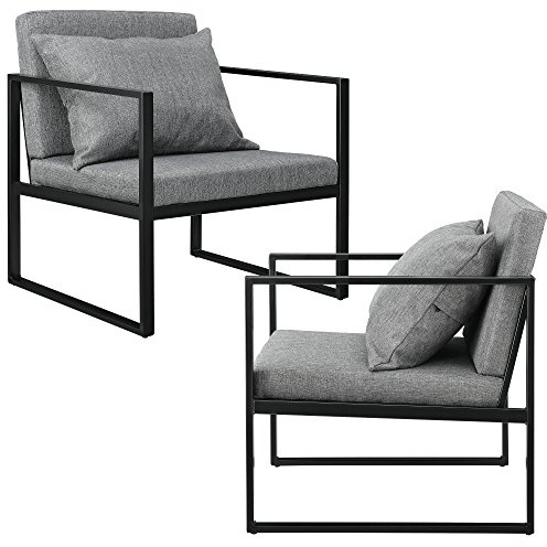 [en.casa] Set di 2 Poltrone da Sala con Telaio Quadrato in Ferro Schienale e Sedile Imbottiti Rivestimento in Tessuto Sedie con Cuscino e Braccioli per Soggiorno - Grigio Scuro