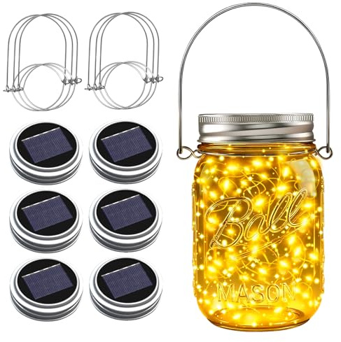 ZNYCYE Mason Jar Solar Lights for Outside, 6 Pack 30 LED Fairy Lights Mason Jar Solar Lids Outdoor Waterproof String Lights with Hangers (No Jars) for Patio Garden Yard Lawn Decor - Warm White