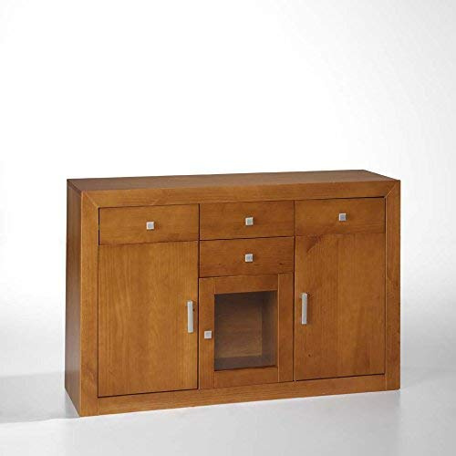 Dogar Moblit,Aparador Tres Puertas Cuatro Cajones, realizado en Madera de Pino Macizo Natural. Color Cerezo Claro, Serie Kalpe,Medida (86X130X42) Cm (Alto/Ancho/Fondo),Salon, Cocina,Entrada o Comedor
