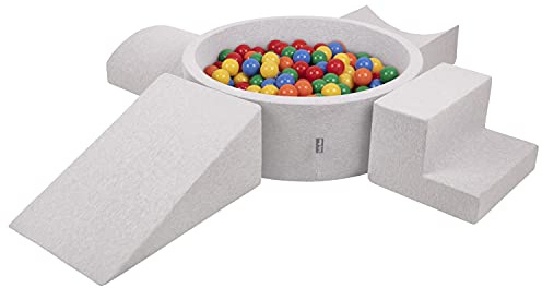 KiddyMoon Spielplatz Aus Schaumstoff Mit Rund Bällebad (300 Bälle) Ballgruben Für Babys Spielbad Hindernisläufen, Hergestellt In Der EU, Hellgrau:Gelb/Grün/Blau/Rot/Orange