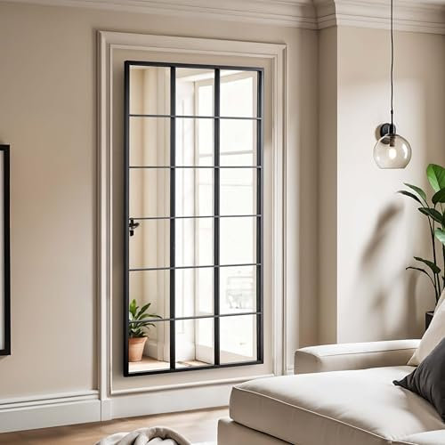 Mirrace Black Metal Windowpane 35x70 Wall Mirror | Outdoor Garden Modern Long Window Mirror | Large Black Wall Mounted Mirror | Metal Rectangular Window Pane Inspired Wall Mirror for Home Decor