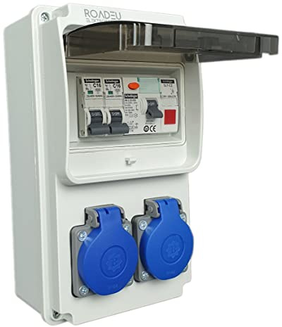 RoadEu - Coffret de Chantier Distributeur de courant 230V, 2x prise, avec voyant LED rouge, Distributeur de Prises avec disjoncteur différentiel 25A type A/AC, 2x LS C16A - IP44.