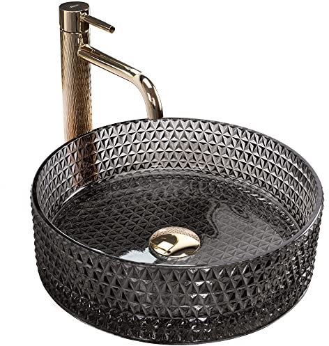 Rea Aufsatzwaschbecken Cristal Black, Waschtisch Handwaschbecken Spülbecken Waschschale Waschbecken für Badezimmer aus Glas, 355 x 355 x 115 mm (schwarz)
