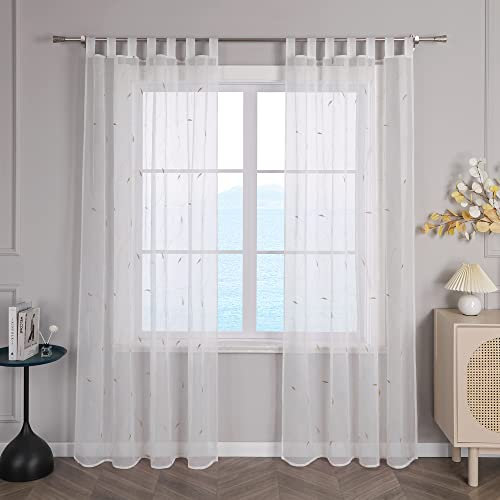 ESLIR Voile Gardinen mit Schlaufen Vorhänge Fensterschal Transparent Schlaufenschal Weiß Gardinenschals Bestickt im Landhausstil Sand BxH 140x225cm 1 Stück