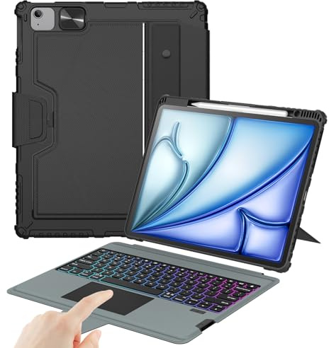 Nillkin Keyboard Case for iPad Air 13-inch (M4 2026/M3 2025/M2 2024), iPad Pro 12.9-inch (3rd-6th Gen) Rugged Case with Detachable Keyboard, Magic Trackpad, 7-Color Backlit, Portrait/Landscape, Black