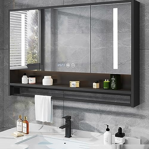 UkewEi Rechteckig Spiegelschrank Bad mit Beleuchtet, 90 * 80CM Antibeschlag Wandbefestigung Badezimmerschrank, Touch-Schalter, 3 türig (Color : A, Size : 100CM)