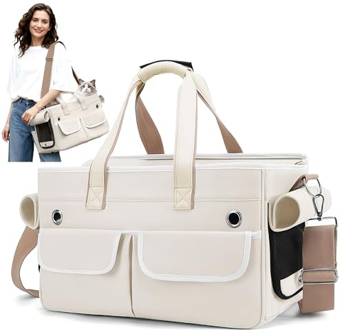 ALLSOPETS Katzen Hunde Transporttasche Tragetasche, Weiche Canvas Katzentransportbox mit Taschen, Tragbarer Haustier Travel Bag mit Sicherheitsleine für Reisen Outdoor (Beige)