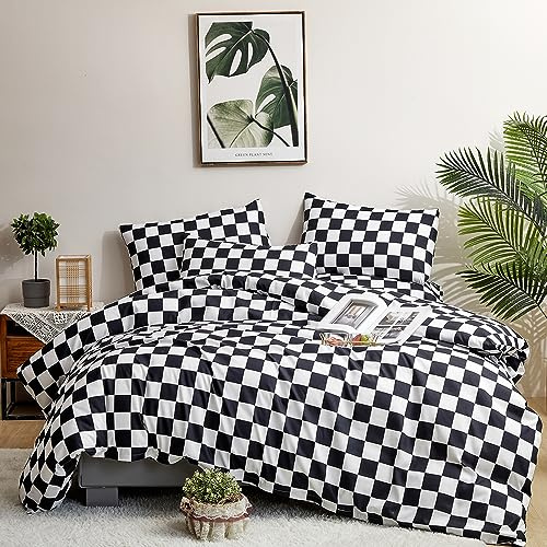 CLOTHKNOW Black White Plaid Twin Duvet Cover Set Grid Bedding Sets Black White Comforter Cover Sets Checkered Bedding Duvet Cover with 2 x Pillow Cases
