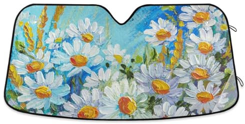 ZRWLUCKY Schöner Sonnenschutz, Motiv: Gänseblümchen, Gelb, Weiß, Blau, Auto-Innenzubehör, faltbare Sonnenblende, UV-Schutz, für Auto, Van, SUV, Jeep, 139,7 x 70,1 cm (mittel)