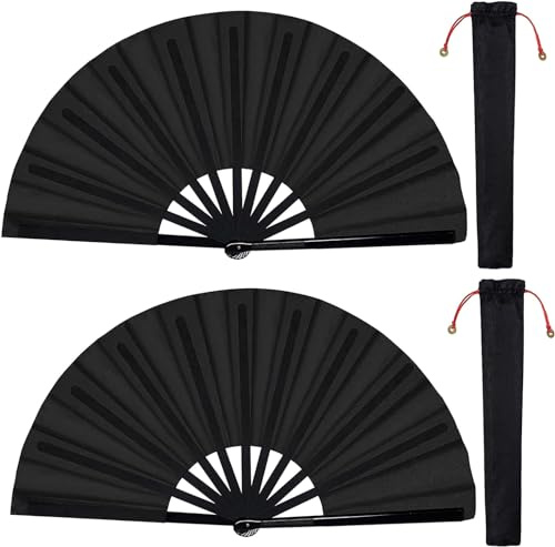 Yolyoo Große Faltbare Seide Hand Fächer Chinesischer Kung Fu Tai Chi Performance Tanzen Nylon Tuch Fan für Festival Vintage Retro Dekorationen Schwarz 2 Stück