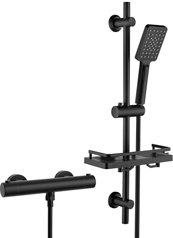 Görbach Thermostat Duschsystem mit Duscharmatur, Duschstangeset mit Duschablage, Thermostat Mischbatterie Dusche + Edelstahl Brausestangeset 70cm, DS1208 Matt Schwarz