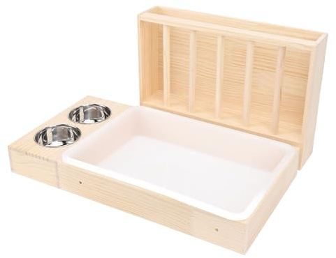 Kleiner Kaninchen-Heu-Futterspender mit Katzentoilette, Futterkrippe, Hasen-Heuspender, Kleintiere, Grashalter für Meerschweinchen, Hamster, 2 Edelstahlnäpfe, Schmutzabweisende