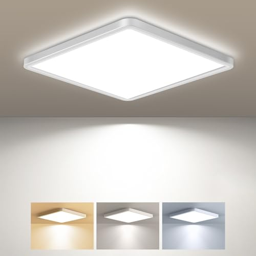 zemty Plafonnier LED Carré, 3 Couleur (3000K/4000K/6500K) Lampe de Plafond, 2100LM Luminaire Plafonnier Salle de Bain IP44 Etanche pour Bureau, Cuisine, Chambr à Coucher, Couloir, Balcon, Garage,22CM