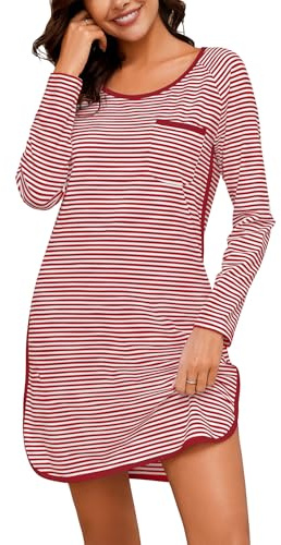 Namatime Camisones de algodón para Mujer, Vestido de casa a Rayas Suaves, Camisas de Dormir de Manga Larga, Ropa de Dormir de otoño, Pijama, Vestido de Noche, Rojo -, XL