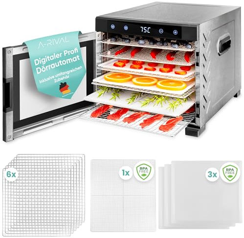 A-rival Dörrautomat | Edelstahl Dörrgerät, Touch Control | Profi Dörrautomat Edelstahl | 24h Timer, 6 Dörrtabletts+3 Dörrmatten, BPA-frei, 35°C bis 75°C | Leiser Betrieb, 360° Airflow