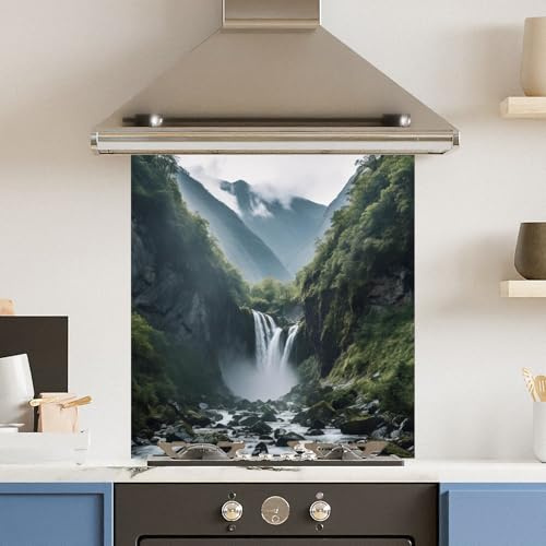 Toughened 6mm Glass Kitchen Splashback 70 x 75cm Waterfall Landscape - Polished Heat Resistant Back Splash for Cookers Hob