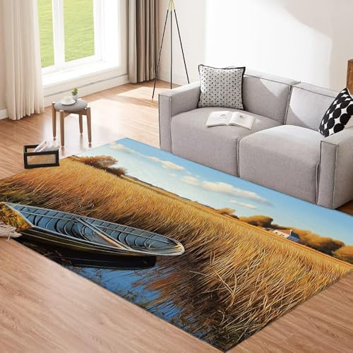 CEDNXOER Tappeti Lavabili In Lavatrice Per Soggiorno, 120×180cm Morbidi Tappeti A Pelo Corto,Nature Canne E Barca Tappeto Antiscivolo E Anti-Pelo Grande Tappeto