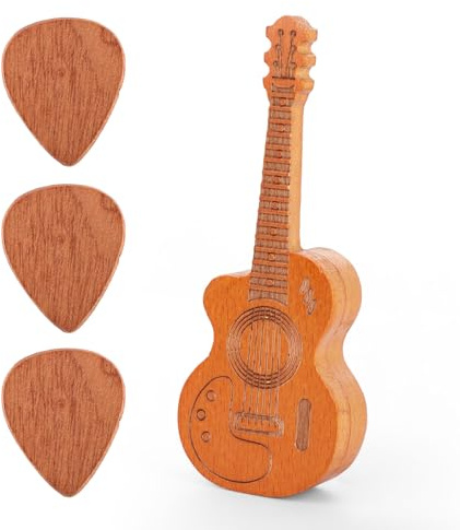 Gitarren Plektrum Box, aus Holz Gitarren Plektrum Halter mit 3 Plektren Exquisit Plektrum Etui Gitarrenform Gitarren Plektrum Aufbewahrung für Liebhaber von Gitarrenspielern