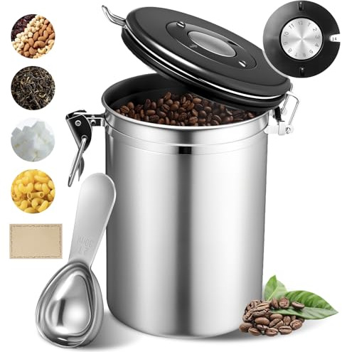 Qixovren Coffee Canister, 26OZ Airtight Food Storage Containers with Date Tracker & Stainless Steel Scoop, Ground Coffee Bar Accessories also Fits for Bean Flour Tea Sugar Cereal, 8 Labels, Silver