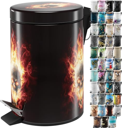 Sanilo Poubelle de Salle de Bain 3L avec système d’abaissement automatique, Nombreuses nouvelles Poubelles à Cosmétiques au choix, Poubelle avec seau intérieur (Crâne enflammé)