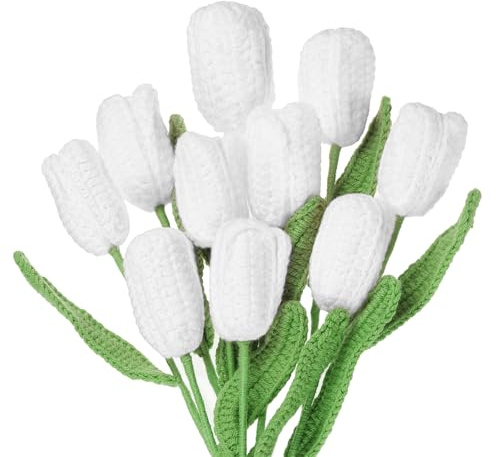 sourcing map Tulipani artificiali lavorati a maglia, tulipani fatti a mano, bouquet di tulipani per regalo, casa, compleanno, matrimonio, decorazione, bianco, confezione da 10