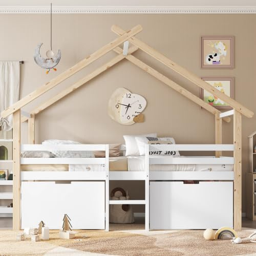 YuQozii Kinderbett, Halbhohes Bett, Hausbett mit Dach, Vierseitiger Zaun, Mit Treppe, 2 Schließfächer mit Rädern, Kiefer+MDF, Weiß+Natur, 90x200cm