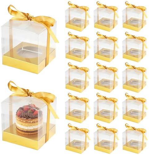 Aramanara Confezione da 24 scatole singole per cupcake, contenitori trasparenti per cupcake con nastro, scatole singole per cupcake per matrimoni, feste di compleanno (oro)
