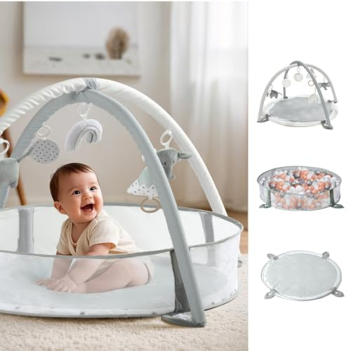 Mallify 5-in-1 XL Baby Spielbogen mit Spielmatte, Spielplatz & Bällebad, Kombiniertes Baby-Spielcenter mit Meilensteinkarten zur Sinnes- und Motorikförderung, Bälle Nicht enthalten