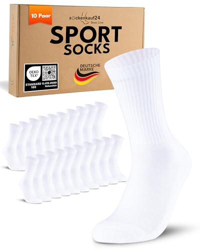 sockenkauf24 10 Paia Calze Sportive Uomo Donna Calzini Tennis Spugna Rinforzati Crew Socks Bianco 39-42