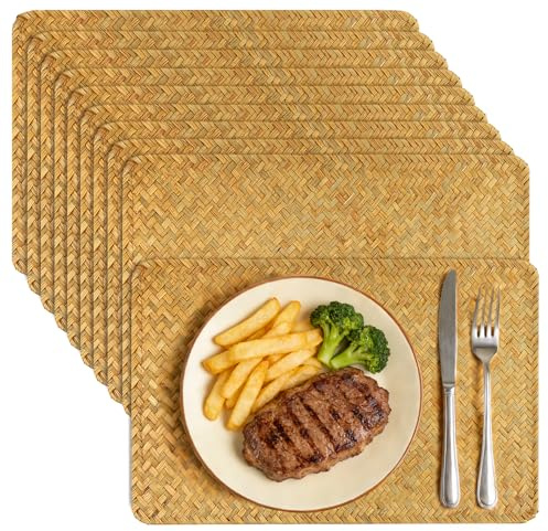 SENJEOK 10 PCS Natural Seagrass Table Mats, 45 x 30 cm Rectangular Woven Rattan Placemats, Heat Resistant Non Slip Place Mats for Dining, Kitchen