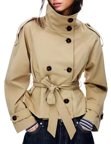 Maohao Women's Cropped Trench Coat Double Breasted Short Jacket High Collar Fall Winter Coats Trendy Outfit with Belt(Khaki,S)