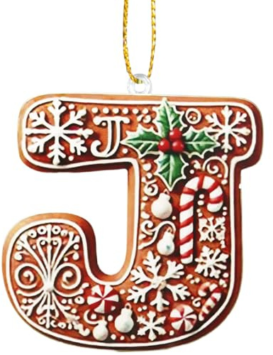 26 Lebkuchen-Alphabet-Ornamente, Personalisierte Lebkuchen Buchstaben J Anhänger für Weihnachtsbaum, Weihnachtsschmuck mit Zuckerstange und Beerendekor, DIY Weihnachtsbaum Deko Ornamente