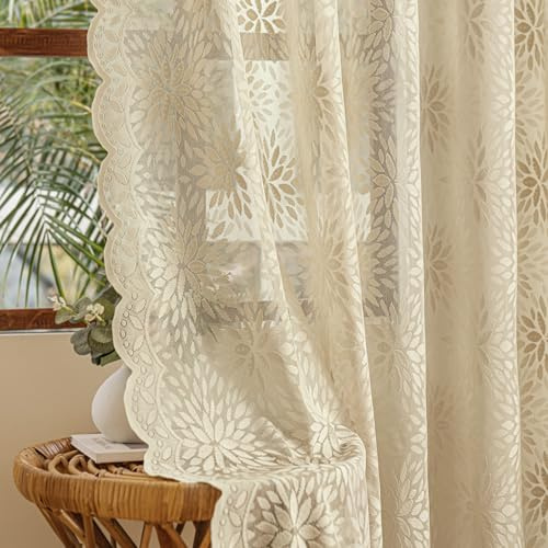 MIULEE Vintage Lace Curtains 84 Inches Long 2 Panels, Victorian Decorative Floral Scalloped Semi Sheer Curtains Light Filtering Rod Pocket Panels Decor for Bedroom Living Room, 52 W x 84 L, Beige