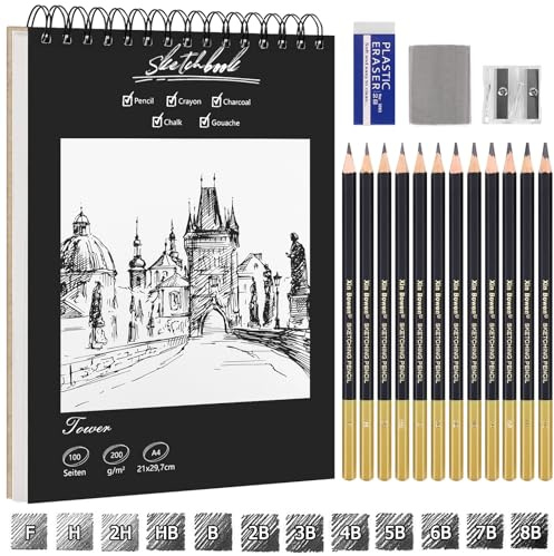 Skizzenbuch A4 Spiralbindung 200g, Sketchbook A4 Hardcover, Zeichenblock mit 12 Zeichenstifte Set, 50 Blätter/100 Seiten Skizzenblock zum Skizzieren Illustration Zeichenen
