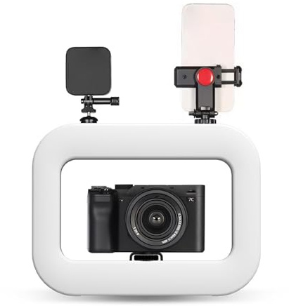 Sxhlseller Smartphone Video Rig with LED Ring Light, Handheld Phone Stabilizer with 1500mAh Rechargeable Fill Light 2500K-8500K CRI 96+, Mobile Video Recording Kit for Vlogging Live
