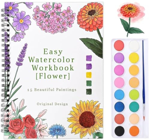 Livre de Coloriage Aquarelle pour Débutants,Cahiers D'aquarelle pour Adultes, 16 Couleurs,pinceau inclus,Livre de Peinture Aquarelle pour artistes, amateurs et amateurs de peinture(Flowers ）